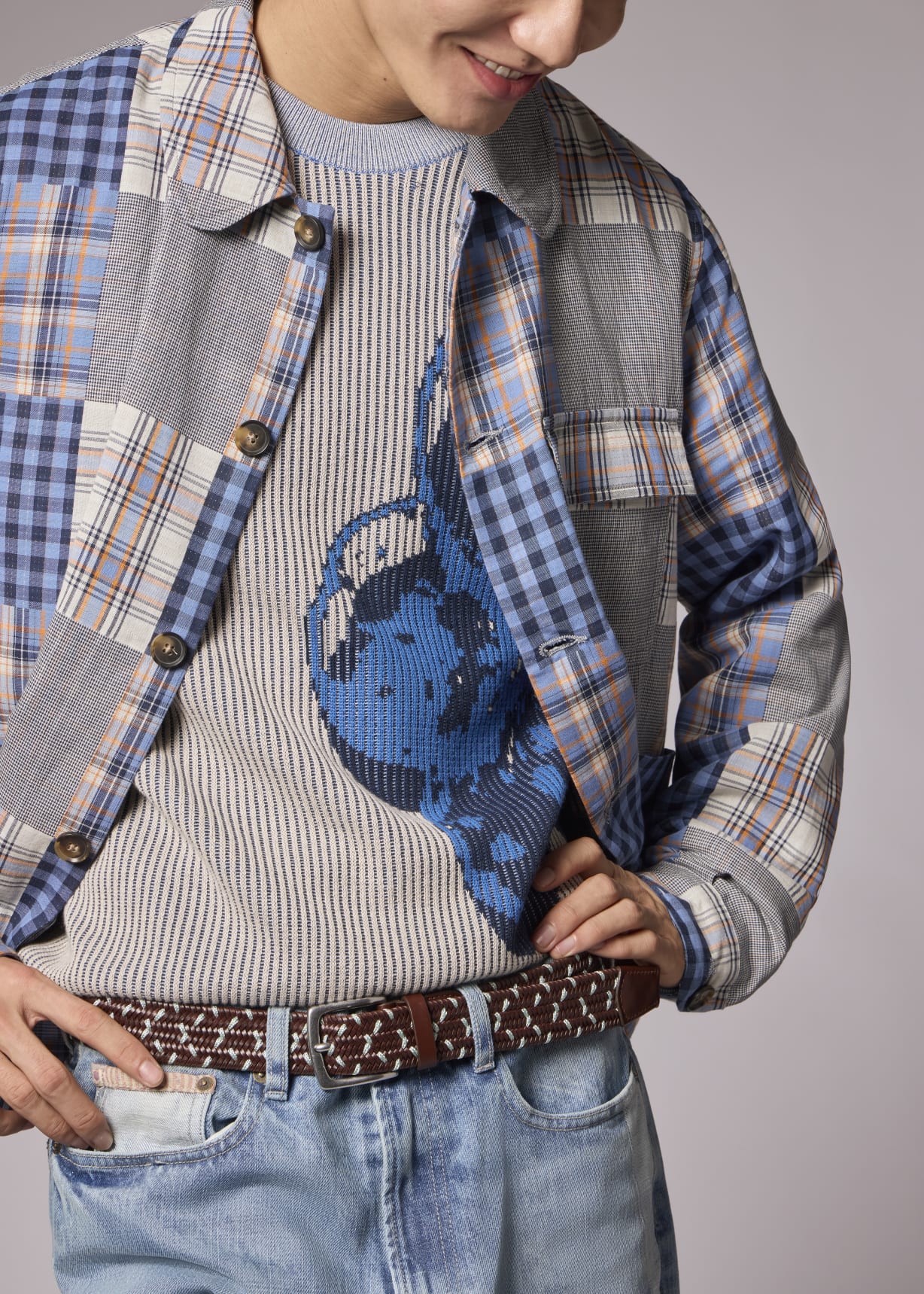 Men's Blue Patchwork Check Chore Jacket